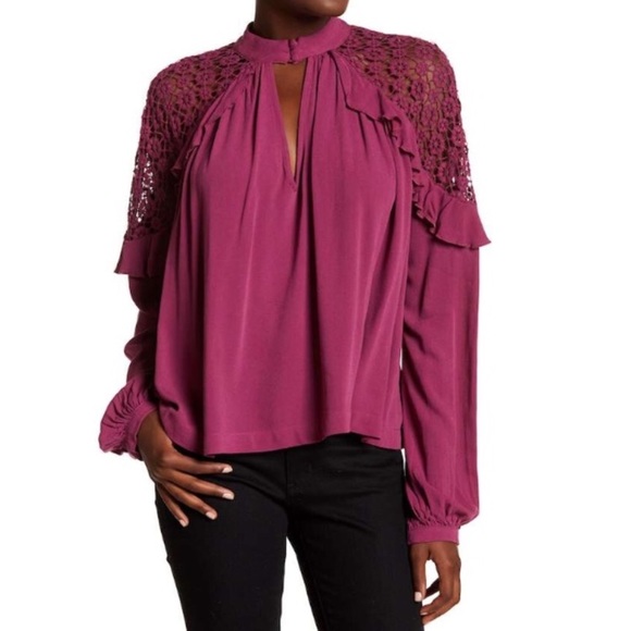 Free People Tops - Free People Long Sleeve Crochet Shoulder Blouse